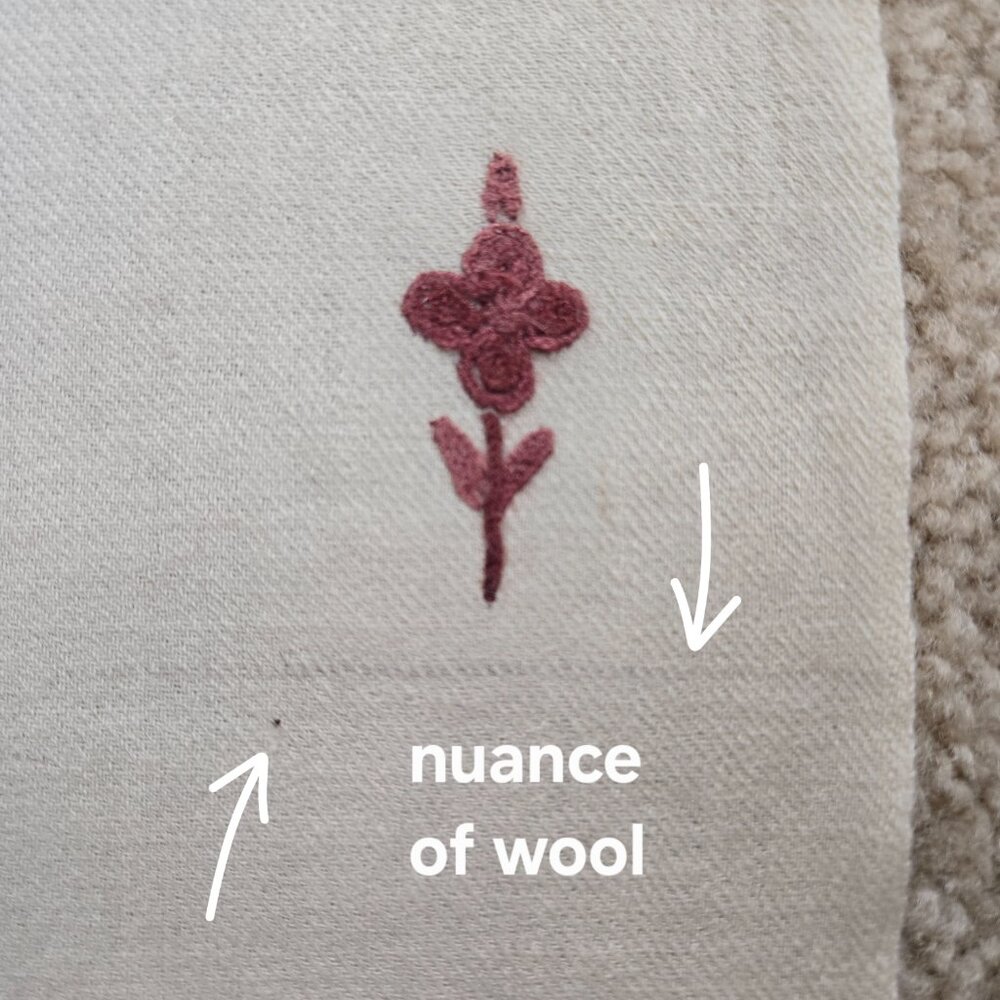 Woven Wool Scarf with Burgundy Pink Purple Embroidered Flowers and Unique Hem - Picture 9 of 11